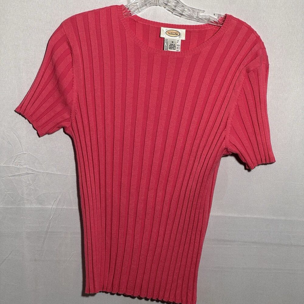Talbots Womens M Pink Ribbed Knit Sweater Top Short Sleeve Scoop Neck Y2K